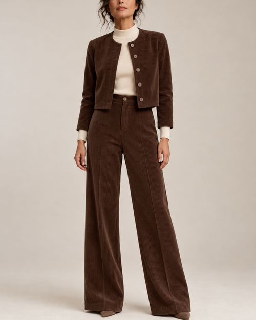 Women's brown ribbed pants close-up — versatile — Sissi Corduroy 2-Piece Set — Sonverdano