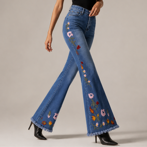 Women's floral jeans back view — casual — Flora Embroidered Flare Jeans — Sonverdano