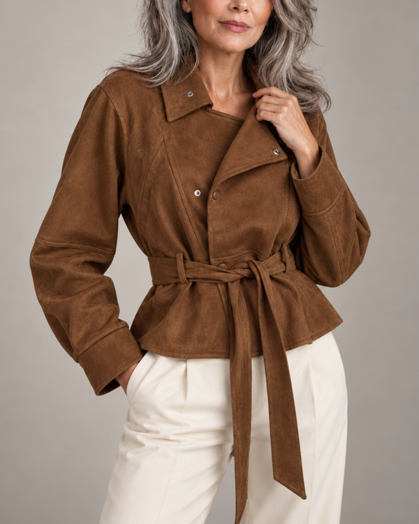 Women's brown suede jacket close-up — outerwear — Diane Peplum Jacket — Sonverdano