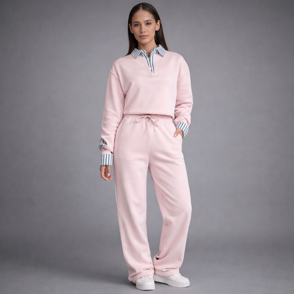 Woman wearing a pink tracksuit with a gray background