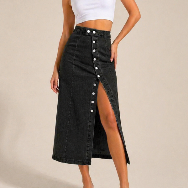 Women's light blue denim skirt alternate angle — chic — Dea Bella Denim Skirt — Sonverdano