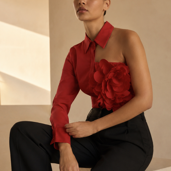 Women's floral freesia side view — versatile — Freesia One-Shoulder Shirt — Sonverdano