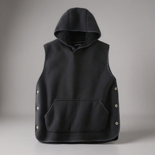 Black hooded vest with button details on a gray background