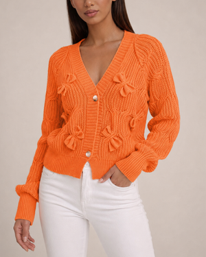 Women's orange textured cardigan alternate angle — cozy — Ariana Bow Knit Cardigan — Sonverdano