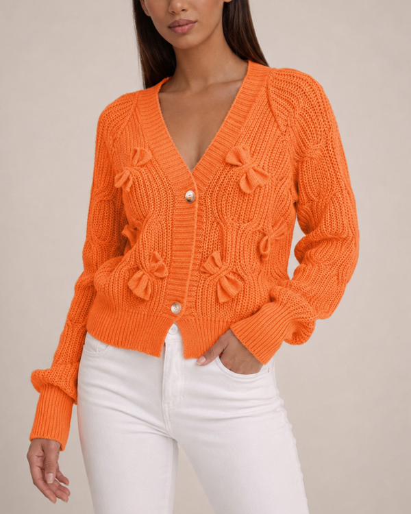 Women's orange textured cardigan alternate angle — cozy — Ariana Bow Knit Cardigan — Sonverdano