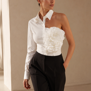 Women's floral freesia front view — versatile — Freesia One-Shoulder Shirt — Sonverdano