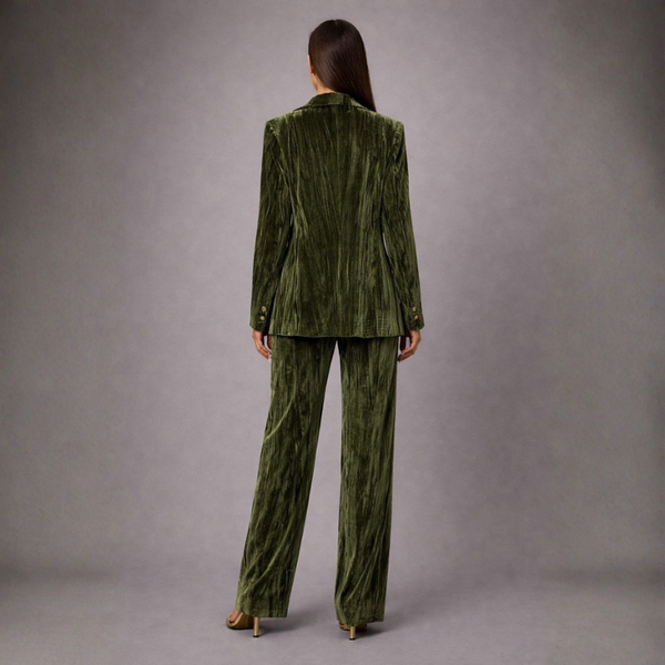 Green velvet suit worn by a person on a gray background