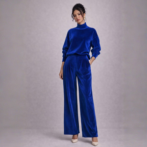 Women's pants close-up — versatile — PR-0597 - Women's Velvet Knit Long Sleeve Two-Piece Set with Wide Leg Pants — Sonverdano