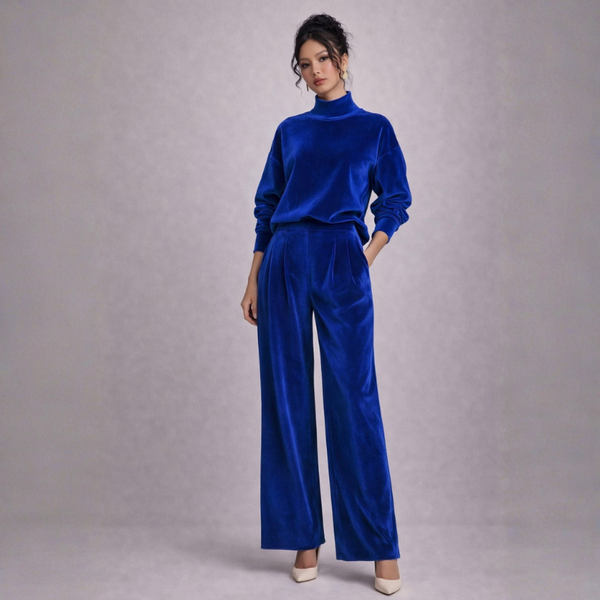 Women's pants close-up — versatile — PR-0597 - Women's Velvet Knit Long Sleeve Two-Piece Set with Wide Leg Pants — Sonverdano
