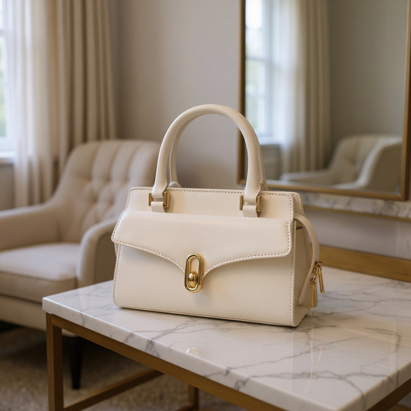 White handbag with gold accents on a marble table in a room with beige curtains and furniture.