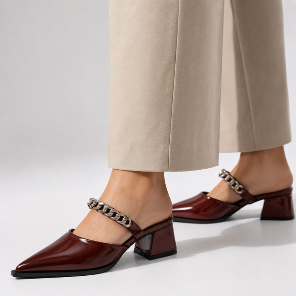Women's heels back view — elegant — Cassandra Pointed Toe Chain Mules — Sonverdano