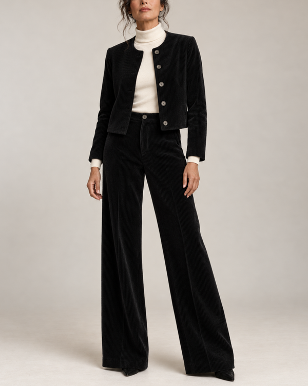 Women's black ribbed pants color detail — versatile — Sissi Corduroy 2-Piece Set — Sonverdano