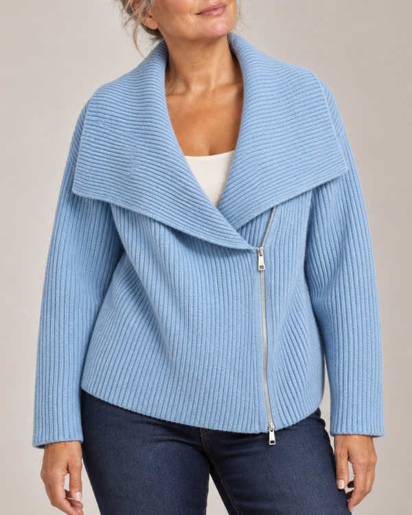 Women's light blue ribbed cardigan back view — cozy — Tara Oversized Zip Cardigan — Sonverdano