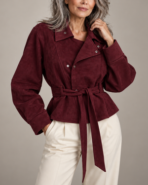Women's burgundy suede jacket styled look — outerwear — Diane Peplum Jacket — Sonverdano