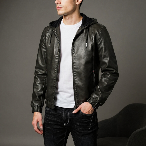 Man wearing a black leather jacket over a white shirt on a gray background