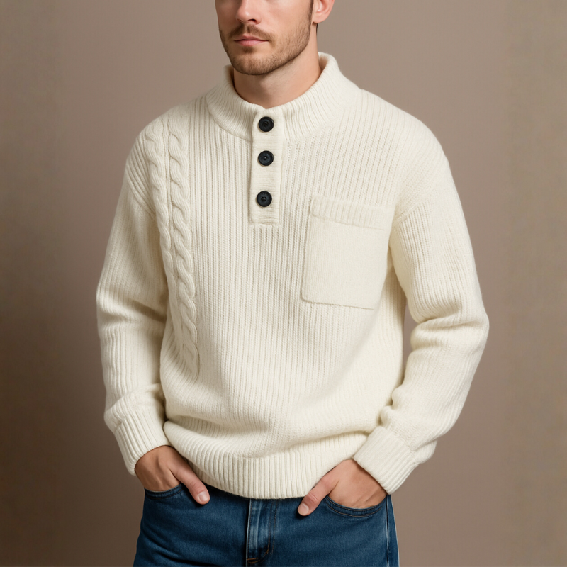 White ribbed sweater with button details on a brown background
