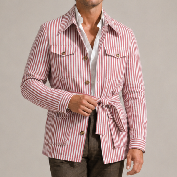 Men's red cotton jacket styled look — outerwear — Leo Vanderbilt Jacket — Sonverdano
