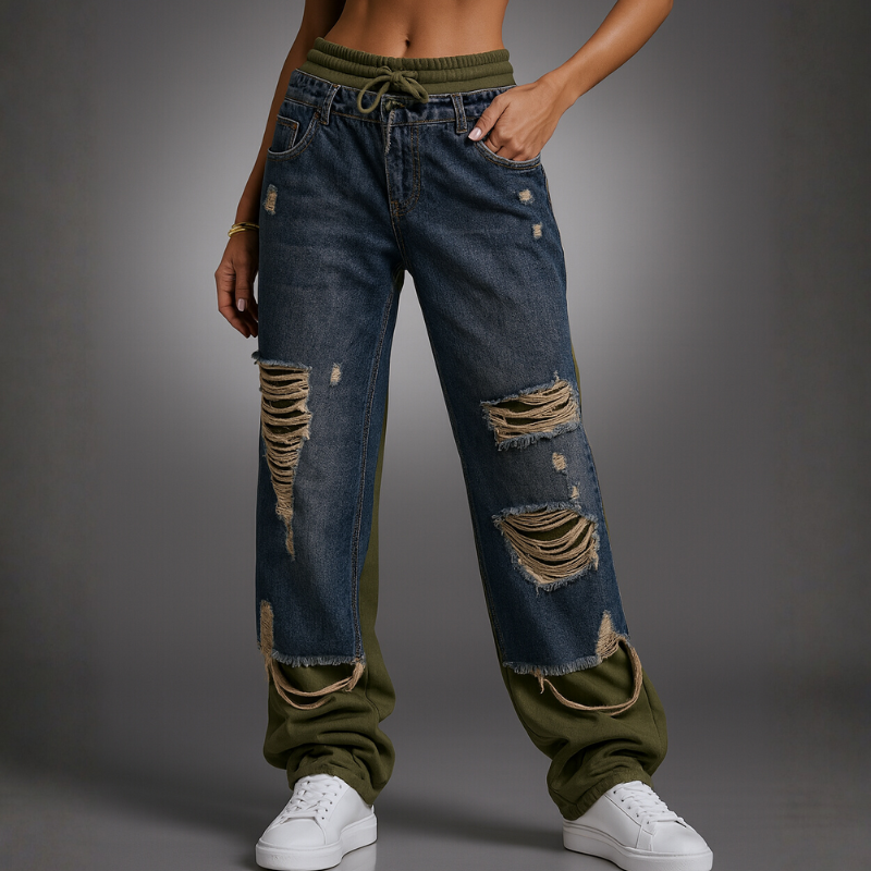 Person wearing distressed blue jeans and white sneakers on a gray background