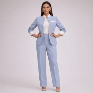 Woman wearing a light blue suit with a white shirt on a plain background
