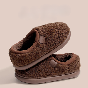 Pair of brown slippers on a beige background