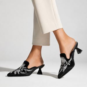 Women's floral heels back view — elegant — Harriet Embroidered Pointed Mules — Sonverdano