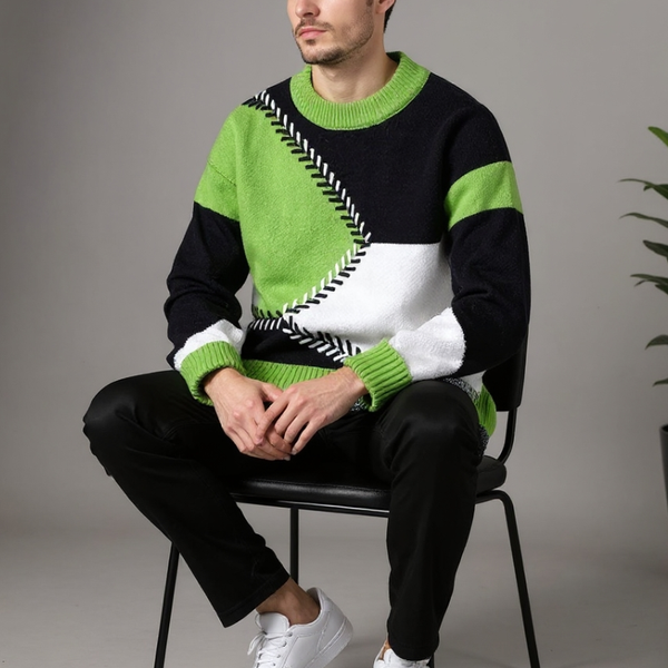 Person wearing a colorful sweater sitting on a chair against a gray background