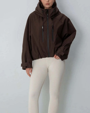 Women's brown jacket styled look — outerwear — Margot Cropped Hooded Rain Jacket — Sonverdano