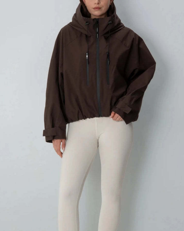 Women's brown jacket styled look — outerwear — Margot Cropped Hooded Rain Jacket — Sonverdano
