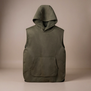 Green hooded vest on a beige background