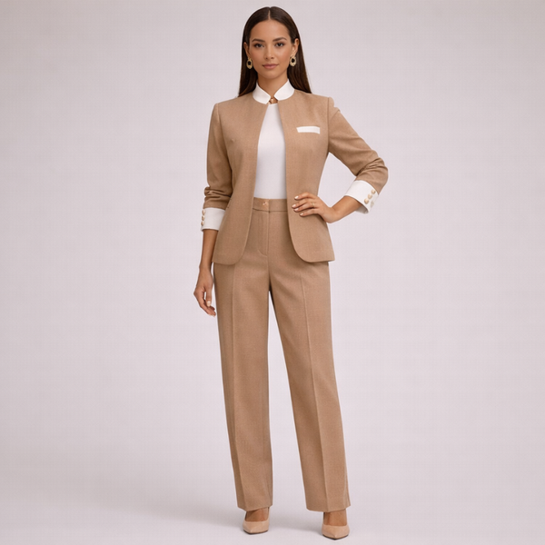 Woman wearing a beige suit with a white shirt on a plain background