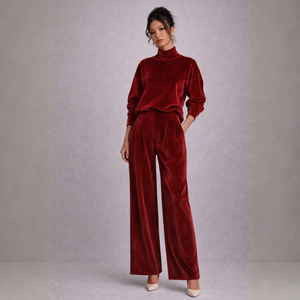 Women's pants — versatile — PR-0597 - Women's Velvet Knit Long Sleeve Two-Piece Set with Wide Leg Pants — Sonverdano
