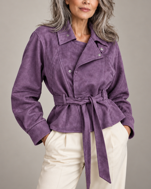 Women's purple suede jacket color detail — outerwear — Diane Peplum Jacket — Sonverdano