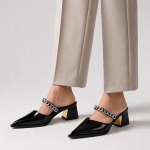 Women's heels color detail — elegant — Cassandra Pointed Toe Chain Mules — Sonverdano