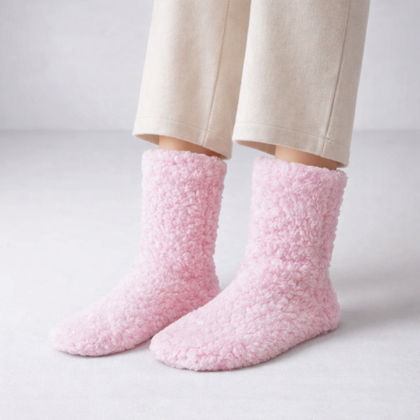 Pink fuzzy socks worn with beige pants on a light gray background