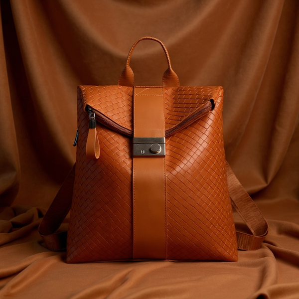 Brown woven leather backpack on a matching brown fabric background