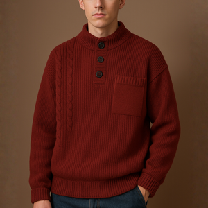 Man wearing a red sweater with buttons against a brown background