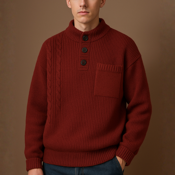 Man wearing a red sweater with buttons against a brown background