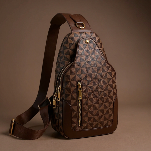 Brown patterned sling bag on a brown background