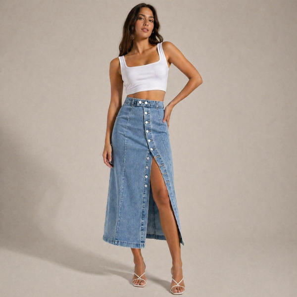 Women's denim skirt side view — chic — Dea Bella Denim Skirt for every occasion — Sonverdano