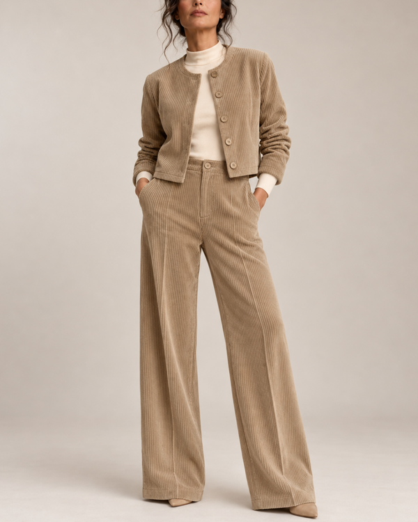 Women's beige ribbed pants styled look — versatile — Sissi Corduroy 2-Piece Set — Sonverdano