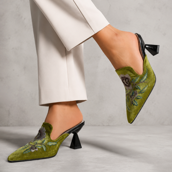 Women's floral heels front view — elegant — Harriet Embroidered Pointed Mules — Sonverdano