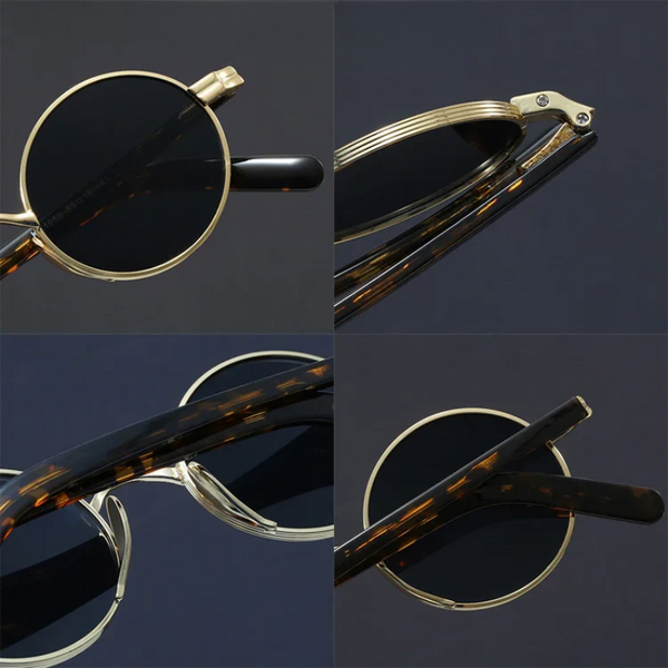 Sunglasses with gold frame and tortoiseshell arms on a dark background