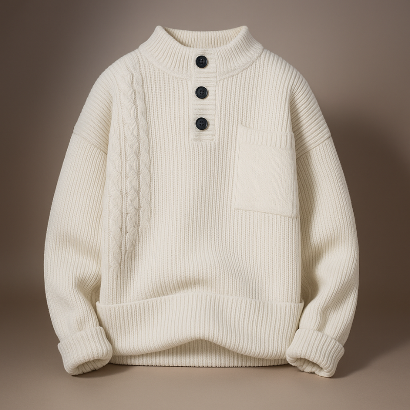 White ribbed sweater with button details on a brown background