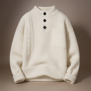 White ribbed sweater with button details on a brown background