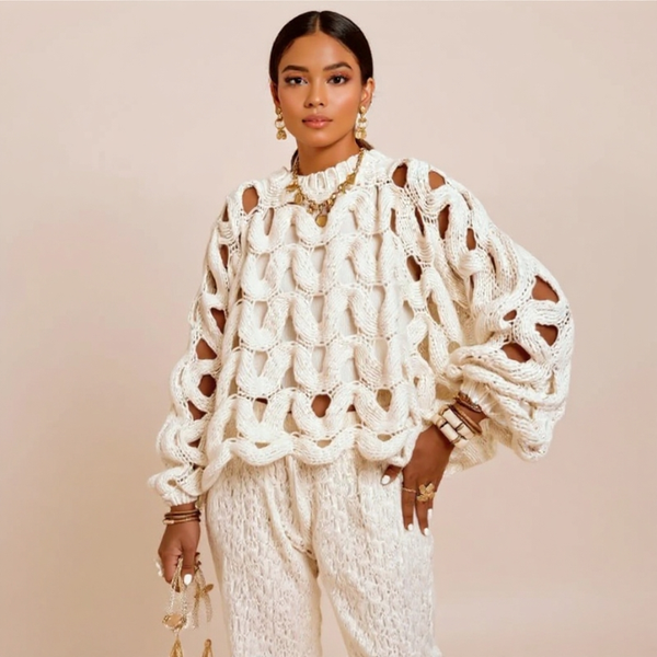 Woman wearing a white knit outfit with cut-out design on a beige background
