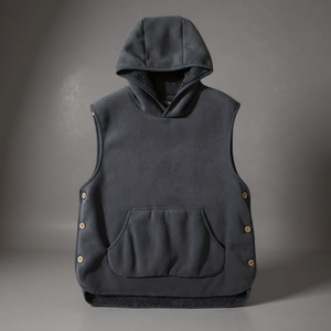 Dark gray sleeveless hoodie with button details on a gray background