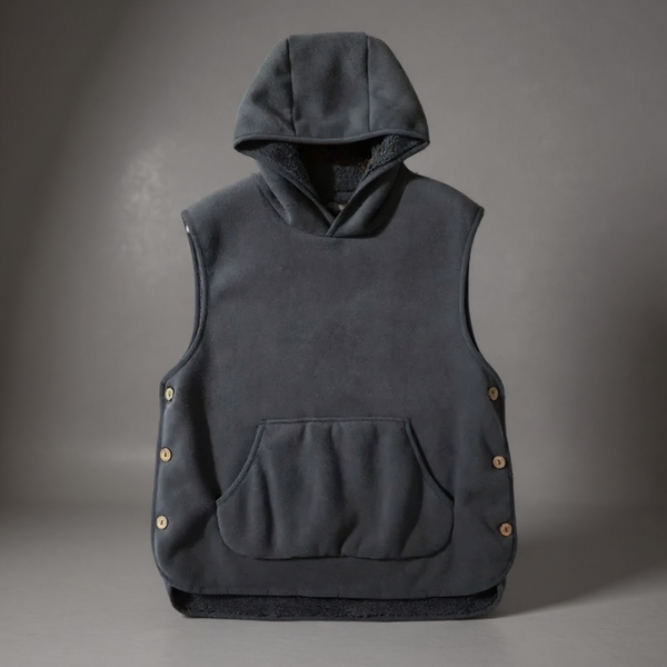 Dark gray sleeveless hoodie with button details on a gray background