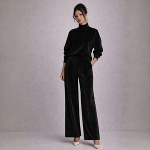 Women's pants close-up — versatile — PR-0597 - Women's Velvet Knit Long Sleeve Two-Piece Set with Wide Leg Pants — Sonverdano