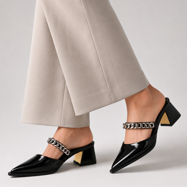 Women's heels front view — elegant — Cassandra Pointed Toe Chain Mules — Sonverdano
