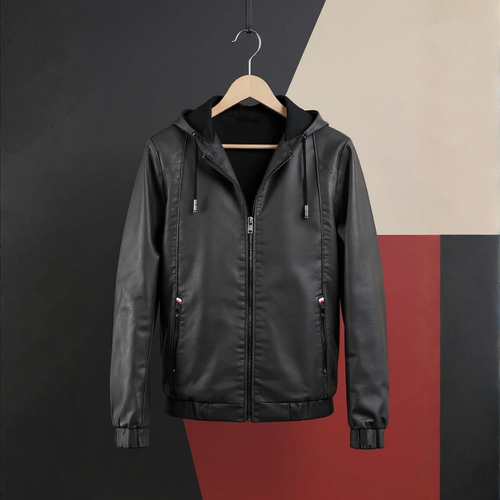 Black jacket on a hanger against a geometric background